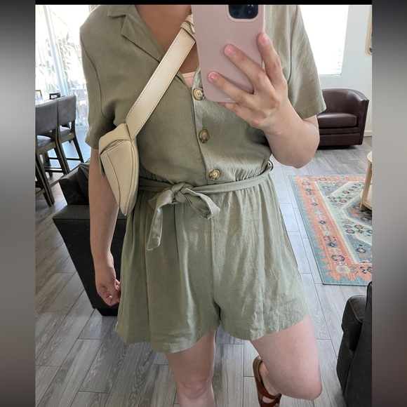 Cotton On| Olive Cargo Linen Romper, Short Sleeve, Size Large••• - Picture 4 of 13